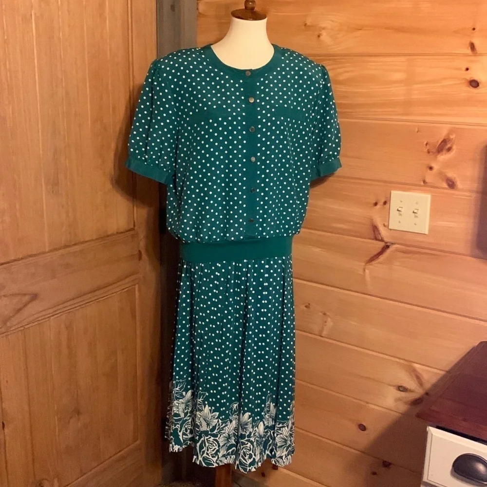 Vintage Andrea Gale green & white polka dot skirt set